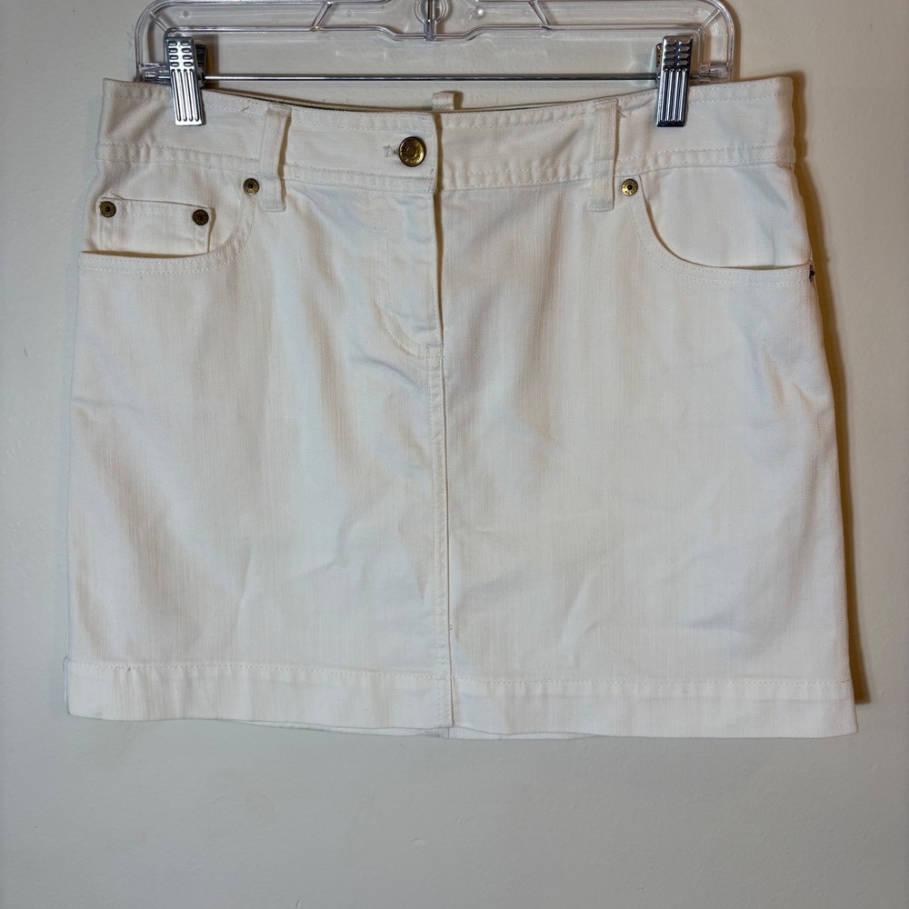 Vintage J. Crew White Denim Mini Skirt Womens Size 31 Brass Button Front Pockets